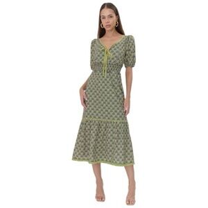 Adelyn Rae Ara Tie Front Printed Midi Dress Blue Green Cotton Size Small